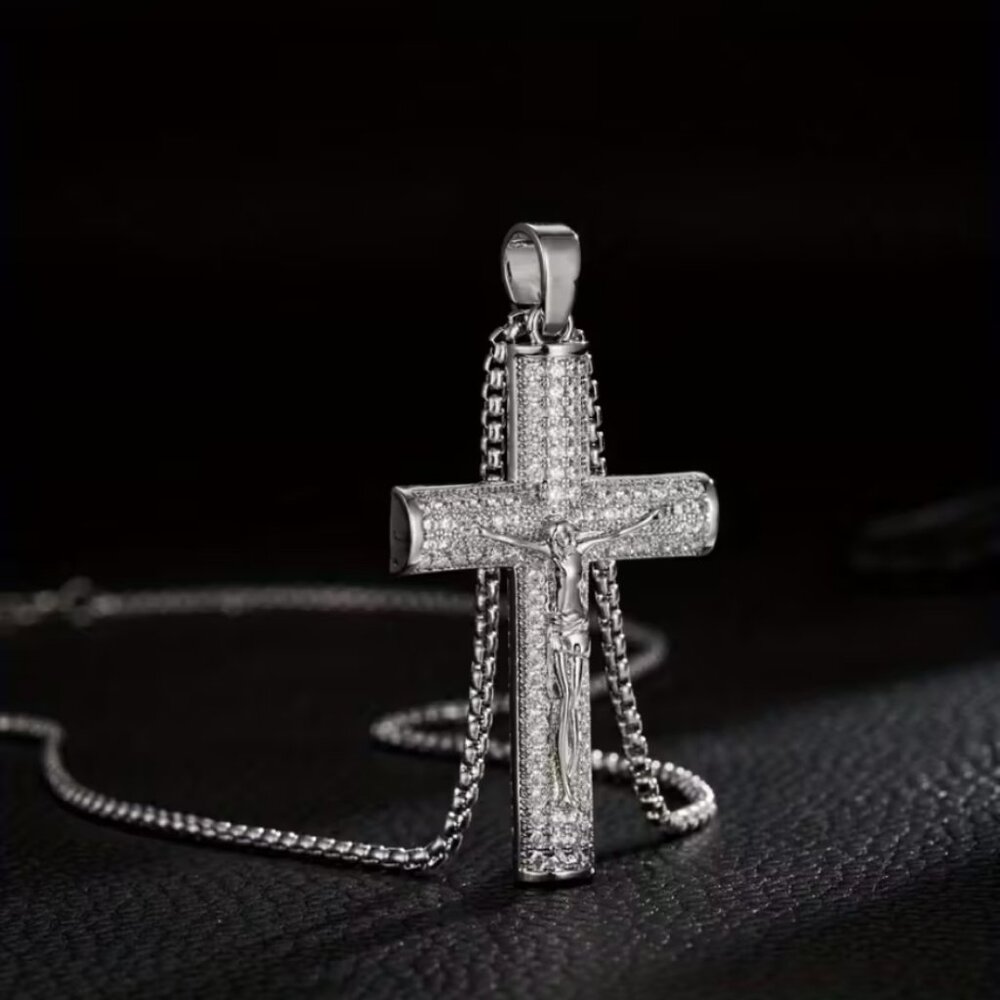 925 Sterling Silver Mens 24" 2ct Diamond Cross Necklace Guys Christian Jewelry